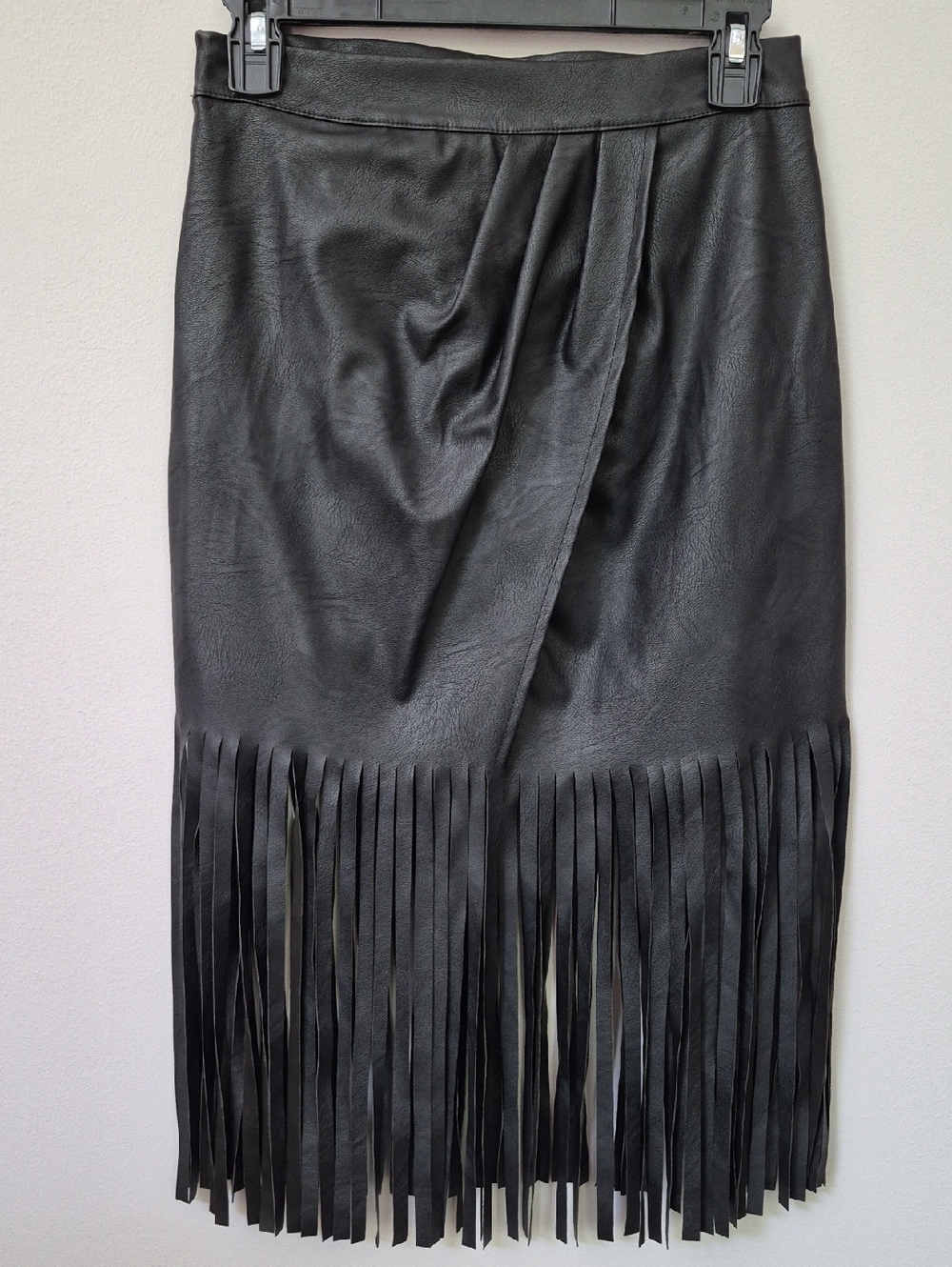 Venti6 Black Faux Leather Midi Skirt Womens M Wrap Fringe